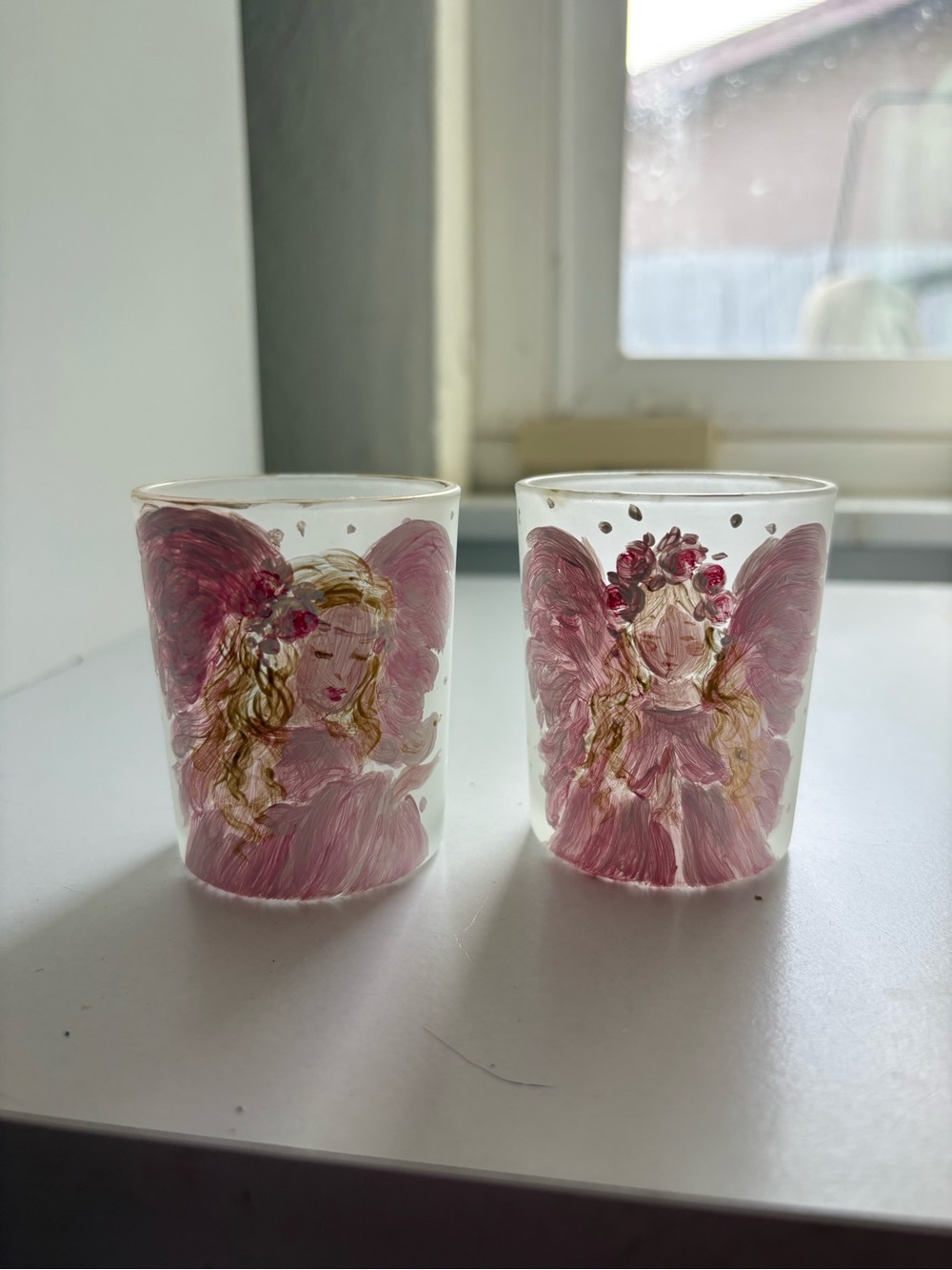Hand-Painted Pink Angel Glass Votive Holder - Set of 2